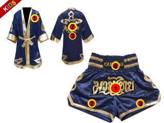 「Kanong」ボクシングキックボクシングムエタイ用ボクシングガウンとボクシングパンツ 子供服 : モデル 121-紺
