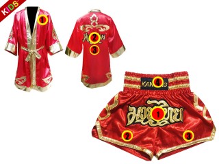 「Kanong」ボクシングキックボクシングムエタイ用ボクシングガウンとボクシングパンツ 子供服 : モデル 121-赤
