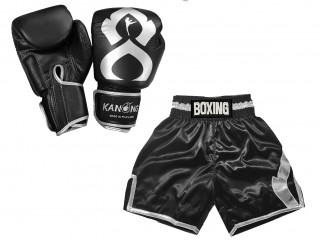 ボクシンググローブ 本革 +（オーダーメイド）ボクシングショーツ : KNCUSET-201-黒-銀色