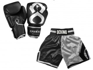ボクシンググローブ 本革 +（オーダーメイド）ボクシングショーツ : KNCUSET-202-黒-銀色