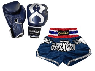 ボクシンググローブ 本革+（商品セット）ボクシンググローブとムエタイパンツ : Set-125-Gloves-Thaikick-紺