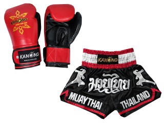 ボクシンググローブ 本革+（商品セット）ボクシンググローブとムエタイパンツ : Set-133-Gloves-黒/ドラゴン