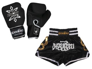 ボクシンググローブ 本革+（商品セット）ボクシンググローブとムエタイパンツ : Set-143-Gloves-黒/ドラゴン