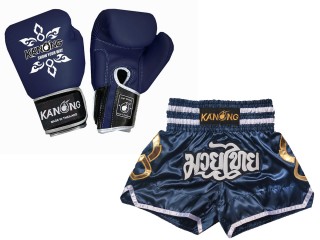 ボクシンググローブ 本革+（商品セット）ボクシンググローブとムエタイパンツ : Set-143-Gloves-紺
