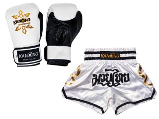ボクシンググローブ 本革+（商品セット）ボクシンググローブとムエタイパンツ : Set-143-Gloves-白