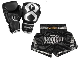 ボクシンググローブ 本革+（商品セット）ボクシンググローブとムエタイパンツ : Set-144-Gloves-黒-銀色
