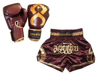 ボクシンググローブ 本革+（商品セット）ボクシンググローブとムエタイパンツ : Set-144-Gloves-あずき色