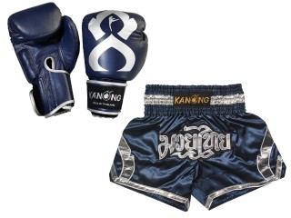 ボクシンググローブ 本革+（商品セット）ボクシンググローブとムエタイパンツ : Set-144-Gloves-紺