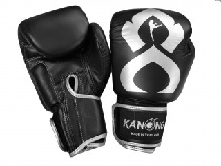 「Kanong」ボクシンググローブ 本革 : "Thai Kick" 黒-銀色