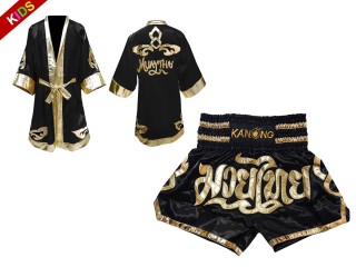 「Kanong」ボクシングキックボクシングムエタイ用ボクシングガウンとボクシングパンツ 子供服 : モデル 121-黒